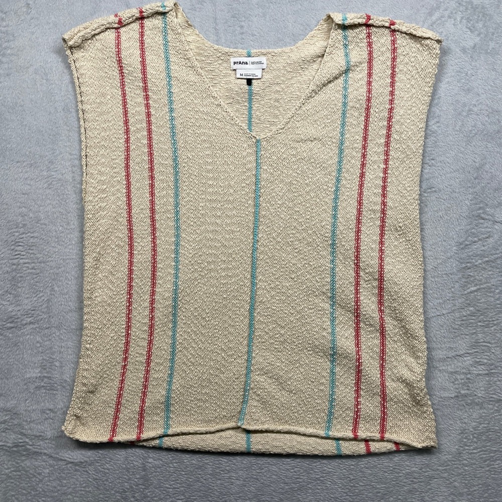 prAna Organic Cotton Sweater Vest Womens Medium Beige Red Blue Striped V-Neck